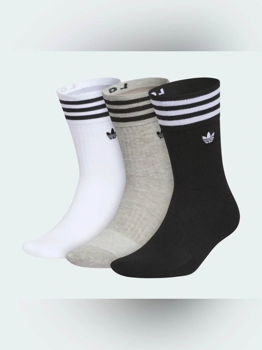 adidas Originals 3-Pack Roller Crew Socks in Black, White & Gray with Trefoil